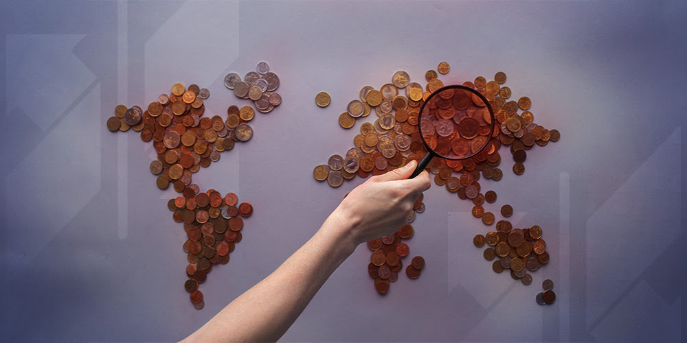 Map made of coins to symbolize cybercrime costs around the world