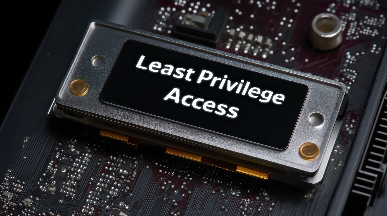 Close-up of an encrypted drive being sealed with "Least Privilege Access", empty space for text, no dust